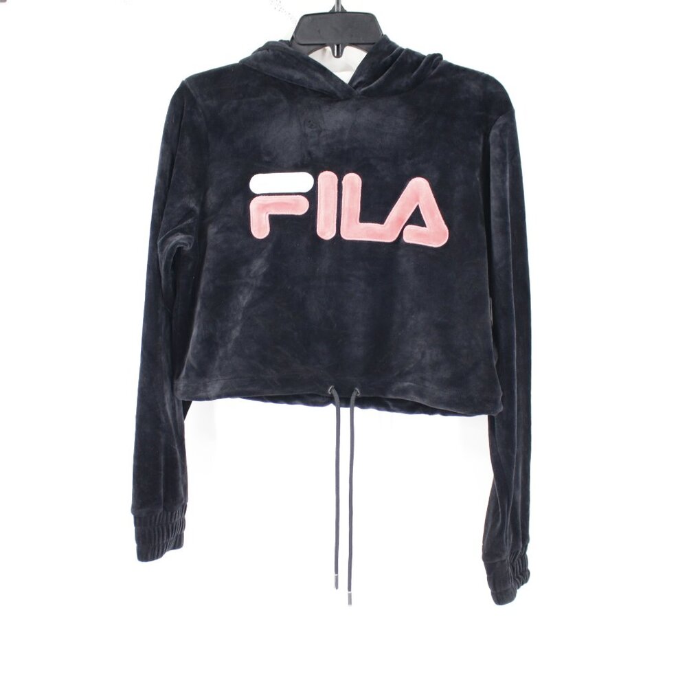 Fila Velour Hoodie womens medium cropped black sweatshirt logo retro Y2K style